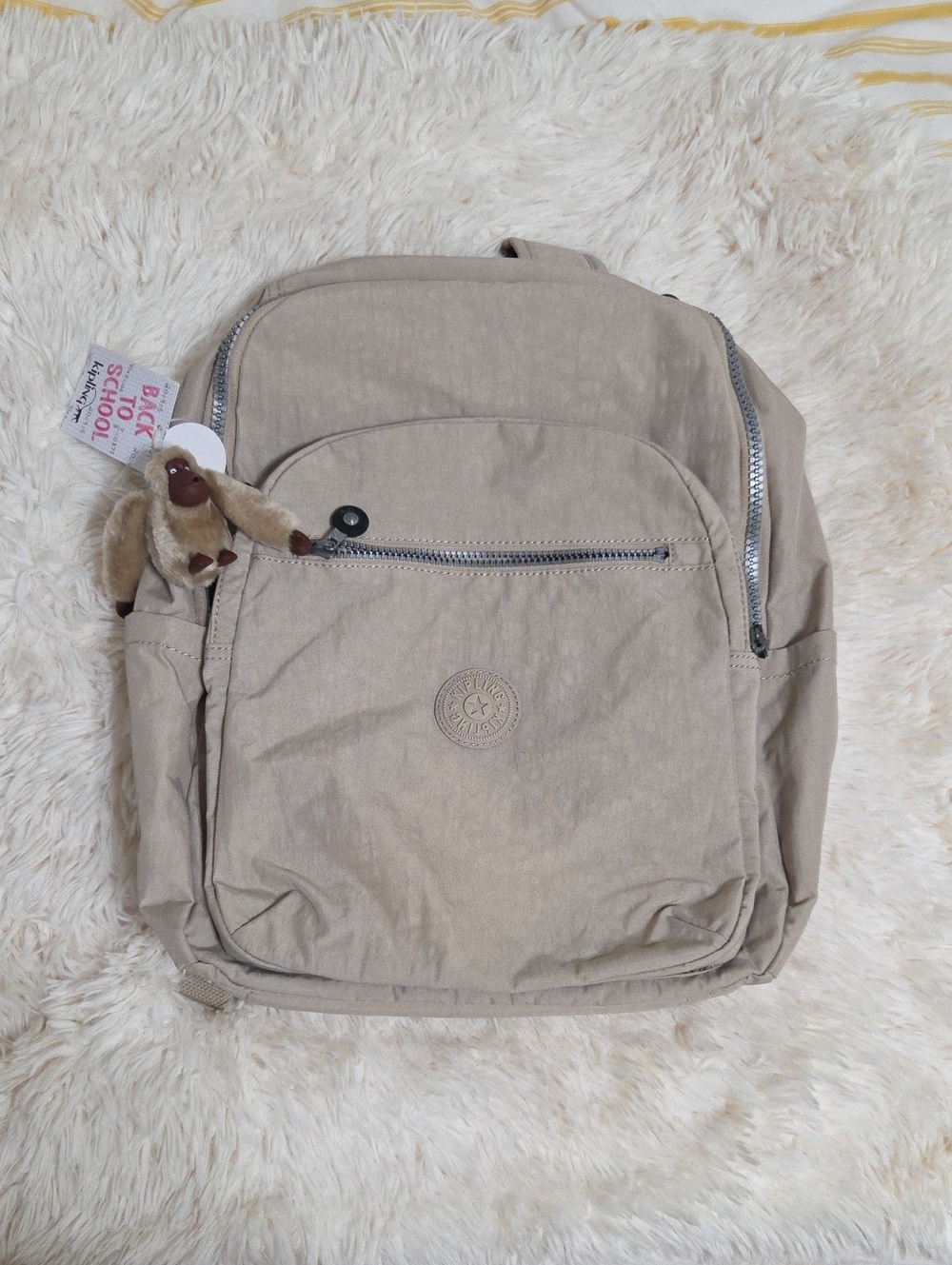 NWT! Kipling Beige Canvas Backpack with Monkey Charm